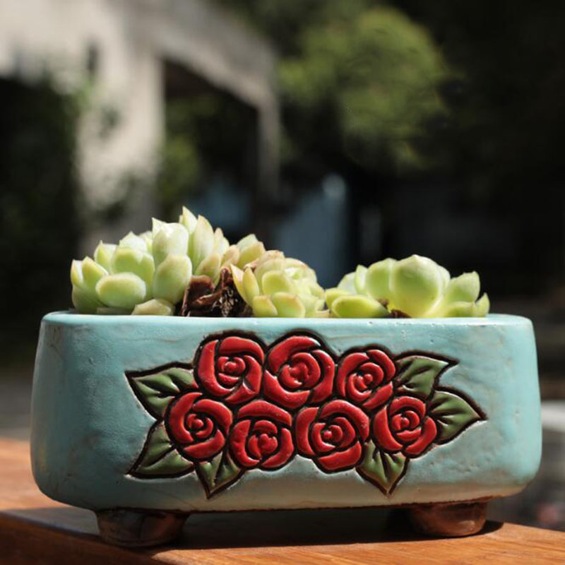 Ceramic Rectangle Floral Patte - Bonsai Garden Europe ulasan dan harga